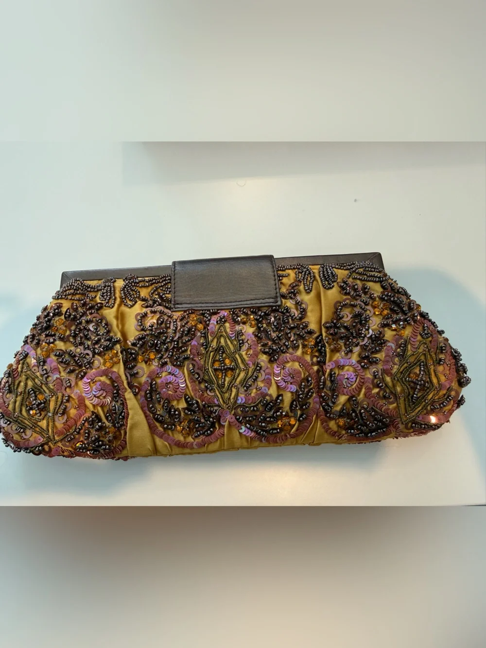 Embellished Satin Evening Clutch in Gold and Purple